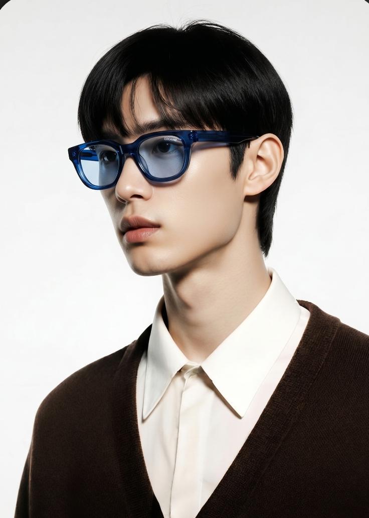 Model wearing premium blue translucent sunglasses